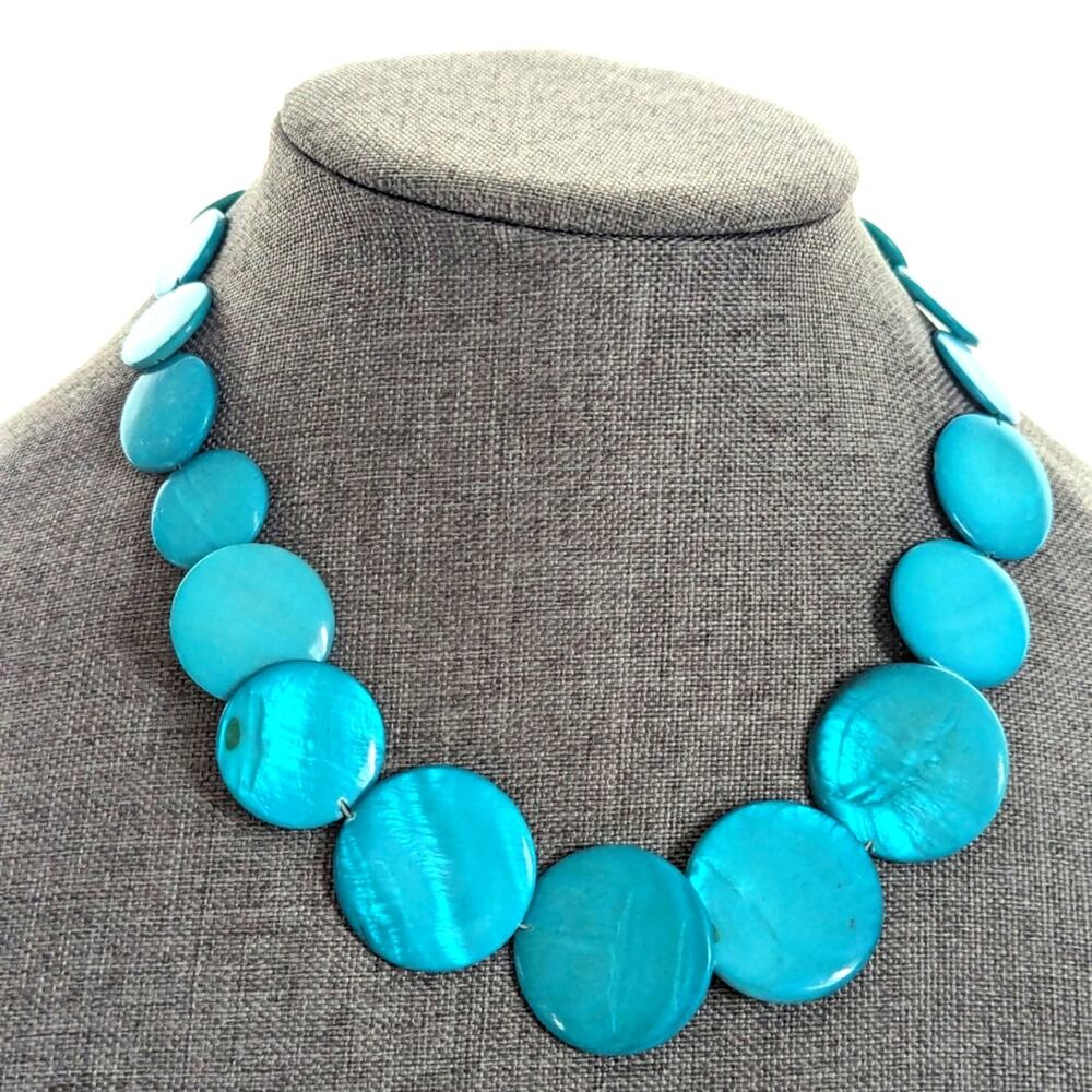 Beachy Dyed Turquoise Shell Geometric Boho Coastal Festival Artsy Necklace